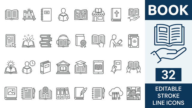 Book line editable icon set. Containing book, reading, library, author, journal, bookshelf, e-book and more. Editable stroke. Vector illustration