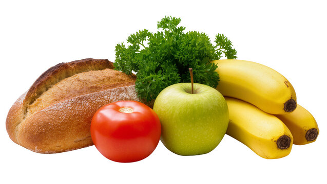 Crusty bread loaf with tomato green apple bananas, and parsley