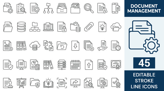 Document management line editable icon set. Contain icons related to Document, management, organization, folder, archive, storage, and more. Editable stroke. Vector illustration