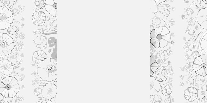 Floral ornament with sketched poppy flowers and leaves on a light gray background