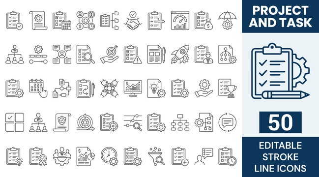 Project and Task icon set. Contain icons related to Project, task, and more. Editable stroke. vector illustration