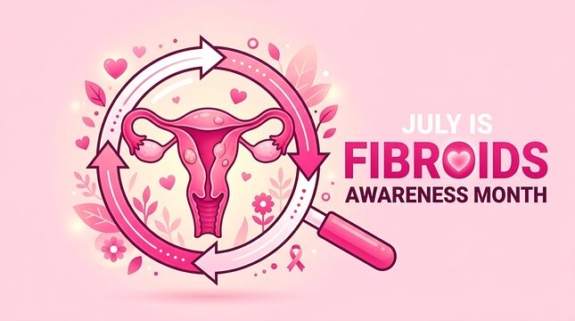 Fibroids awareness month illustration with uterus and magnifying glass pink and white design