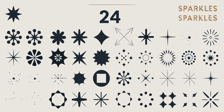 Collection of twenty four black sparkle and star shaped vector icons on a light background