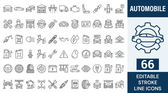Automobile icon set. Containing icons related to car, vehicle, auto, car part and more. Outline Icon Collection. Editable stroke. Vector illustration