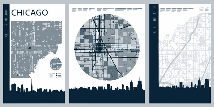 Chicago city map posters minimalist vector illustration with skyline silhouettes