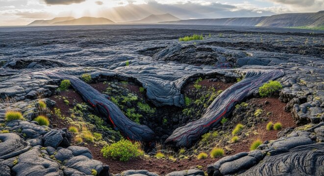 Vast Expanse of Cooled Volcanic Lava Flow and Fissures