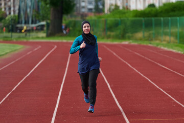 Fototapeta premium Muslim Woman Running on Outdoor Track in Sports Hijab and Athletic Sportswear for Fitness
