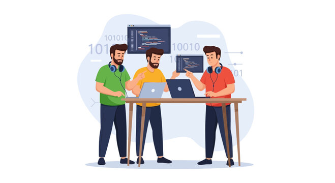 Team of Programmers Collaborating on Code at Desks with Laptops and Monitors
