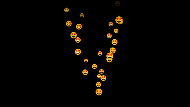 Floating star eyes smiley animation with alpha channel, happy yellow reaction faces rising on transparent background for social media, chat, app, sticker, message and digital design use