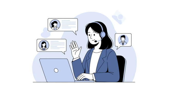 Customer service agent with headset interacting with clients via video call and chat, illustrating online communication and support.