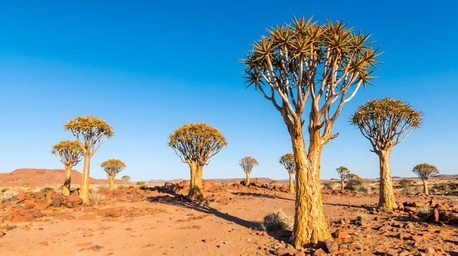 Dragon Blood Trees Standing on an Arid Plateau Beneath a Clear Blue Sky