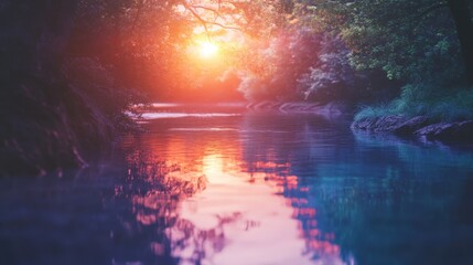 Fototapeta premium Sunset Glow Reflecting on a Calm River Surrounded by Lush Greenery and Trees