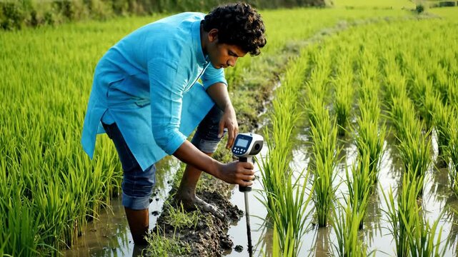 A dedicated farmer crouches among vibrant green rice plants, utilizing innovative technology to assess crop conditions under the bright sun. The lush landscape reflects sustainable farming practices.