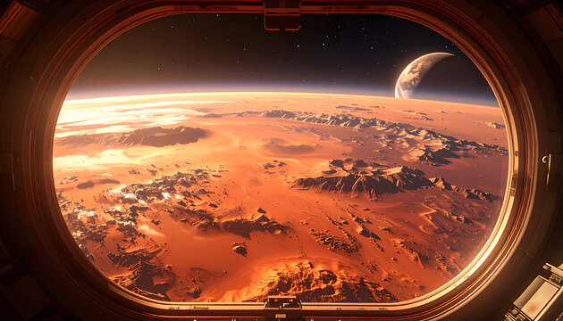 View of alien planet surface from spaceship window, pixelated earth-like orb in distant sky, exploration and discovery concept