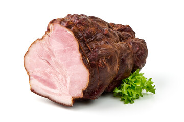 Fototapeta premium Smoked pork loin with fresh lettuce, isolated on white background