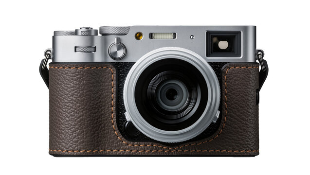 Retro digital camera with leather case and silver lens
