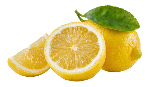 Whole and sliced lemons with green leaf