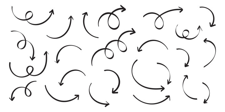 Hand drawn line arrows icons set collection. Arrow vector elements hand drawn arrows brush stroke curly arrow collection. Vector illustration isolated on white background.