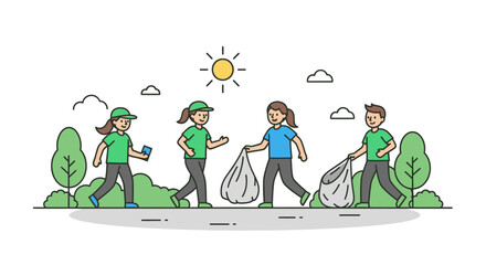 Fototapeta premium Volunteers Cleaning Park With Trash Bags Under Sunny Sky