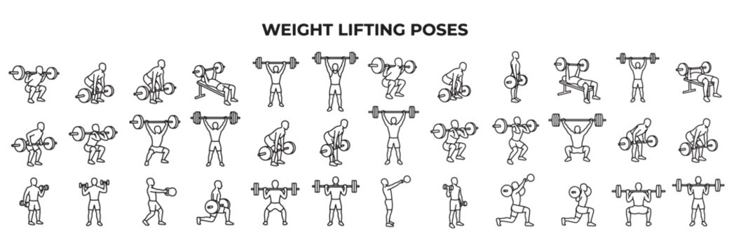 Weight Lifting Poses Vector Illustration Set Showing Athletes Performing Barbell Exercises for Gym Training Guides, Fitness Marketing and Sports Industry Design