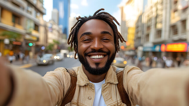 Happy cheerful young black man with dreadlocks taking fun video call selfie camera perspective youth