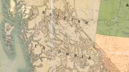 Macro View of Vintage Map Highlighting British Columbia Canada with Detailed Geographic Cartography © Andi Permana