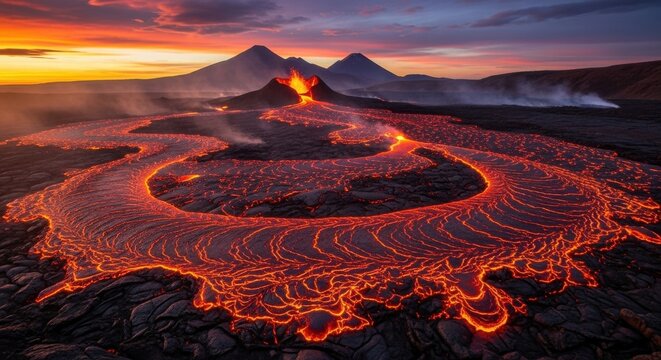Flowing Lava from Volcano Eruption at Sunset