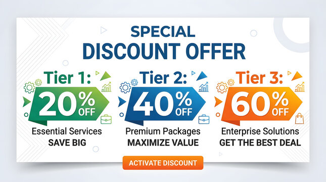Business marketing promotional flyer design with tier system discount offers and orange activate discount button