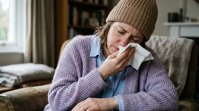 A woman sitting at home wearing a beanie and sweater while blowing her nose into a tissue because of a cold or flu.