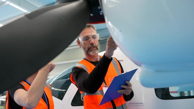 Aircraft maintenance engineers inspecting a small plane propeller in a hangar