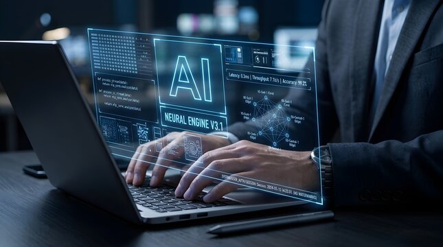 Businessman in suit working on laptop with futuristic AI interface and transparent screen overlay in office