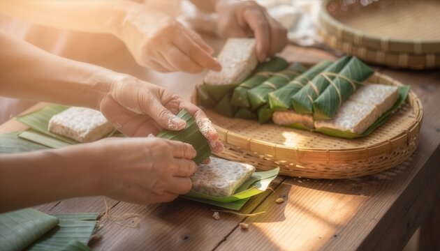 Part of Nusantara Harvest, Hands wrapping fresh homemade tempeh in banana leaves on bamboo tray