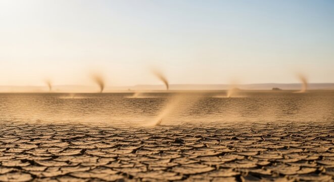 Multiple Dust Devils Swirling Across Arid Cracked Earth Landscape