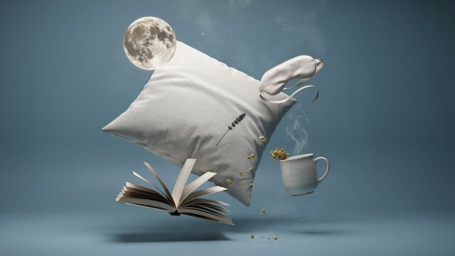 Surreal floating pillow, open book, moon and teacup in a dreamlike scene. Concept of sleep, imagination, bedtime reading, relaxation and creative inspiration.