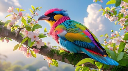 Obraz premium Vibrant detailed exotic bird sitting on a blooming tree branch 