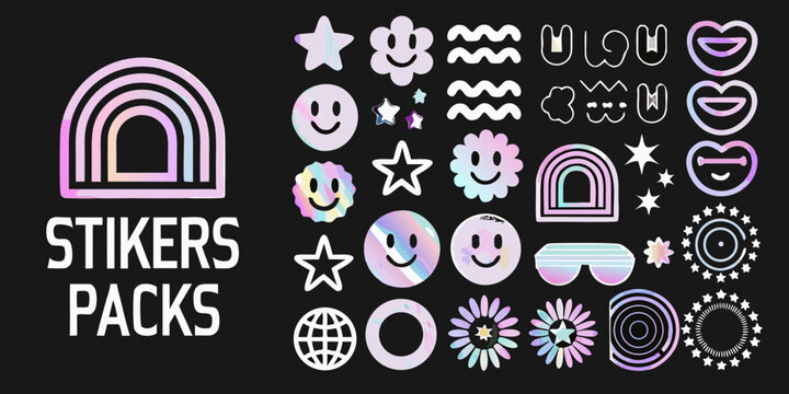 Holographic sticker collection with arches stars and smiling faces on black