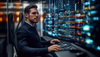 Fototapeta premium Modern Office Space Station Center Featuring Complex Data Information Architecture on a Large Screen