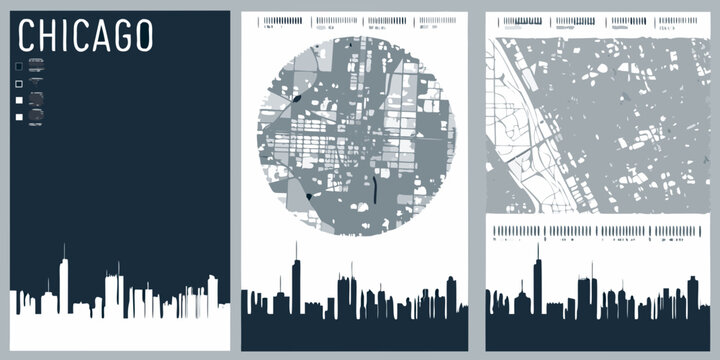 Chicago City Map Posters Minimalist Vector Illustration With Skyline Silhouettes