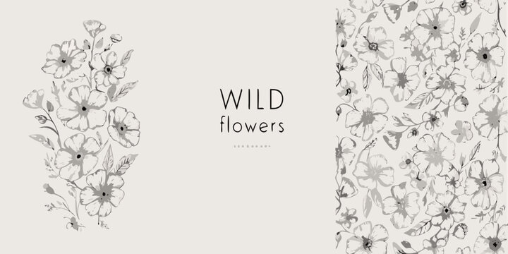Gray wildflower pattern on a cream background a botanical illustration style