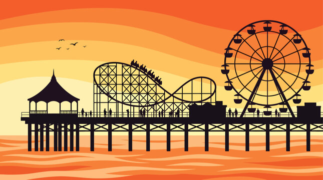 Silhouetted against a vibrant, wavy orange and yellow sunset sky, a bustling seaside amusement park with a towering Ferris wheel and roller coaster spans a large wooden pier above the rippling waters