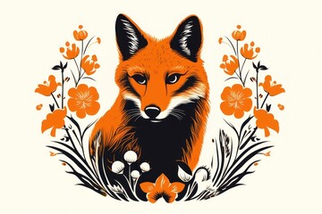 Naklejka premium Simple fox in flowers circle pattern animal mammal.