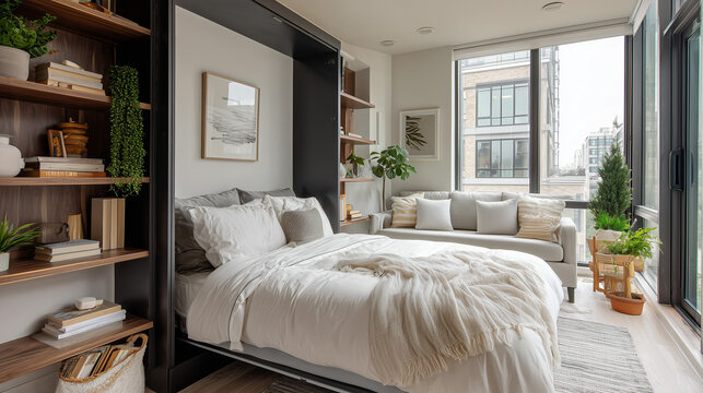 Cozy studio apartment with Murphy bed dark walnut shelves sofa and balcony city view.
