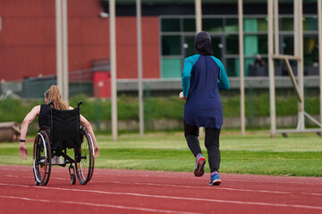 Fototapeta premium Athlete in Wheelchair Racing on Track Beside Female Runner Promoting Inclusive Fitness and Determination