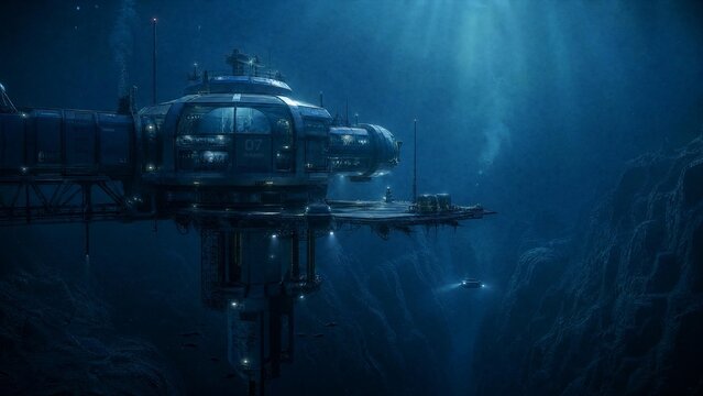 Futuristic Underwater Research Base and Submarine in Deep Ocean Canyon