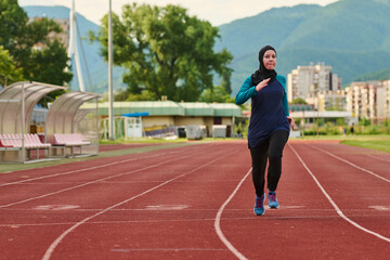 Obraz premium Female Runner Wearing Hijab Sprinting on Outdoor Track for Fitness and Athletic Training