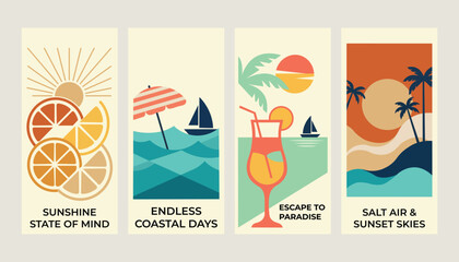 Fototapeta premium Retro Summer Beach Travel Poster Collection with Coastal Landscape Sunset Ocean Vacation Vector Design Set