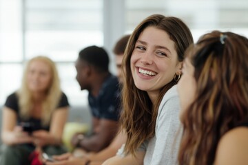 Obraz premium The smiling woman enjoying conversation with friends in a bright casual lounge