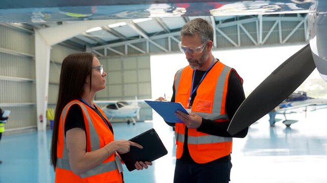 Aircraft engineers inspecting airplane wing and propeller in hangar