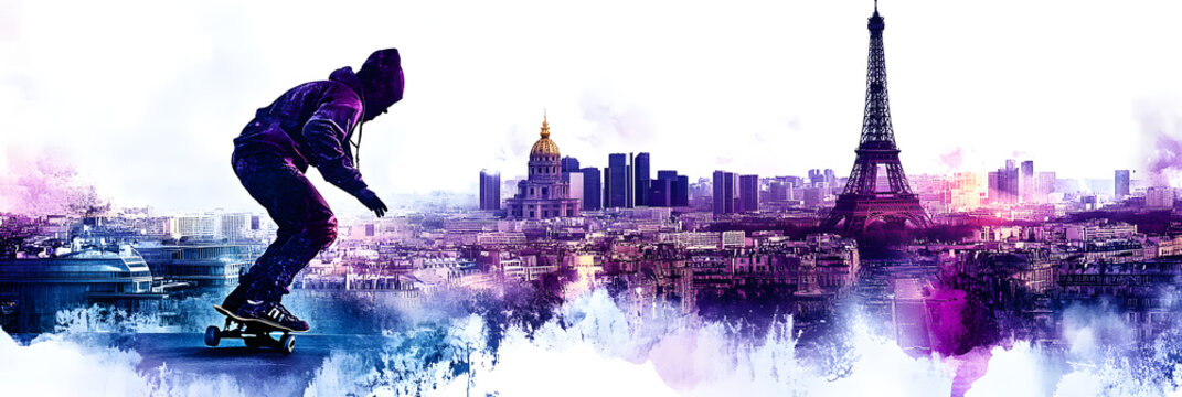 Skateboarder performing trick silhouette over colorful watercolor abstract city skyline background