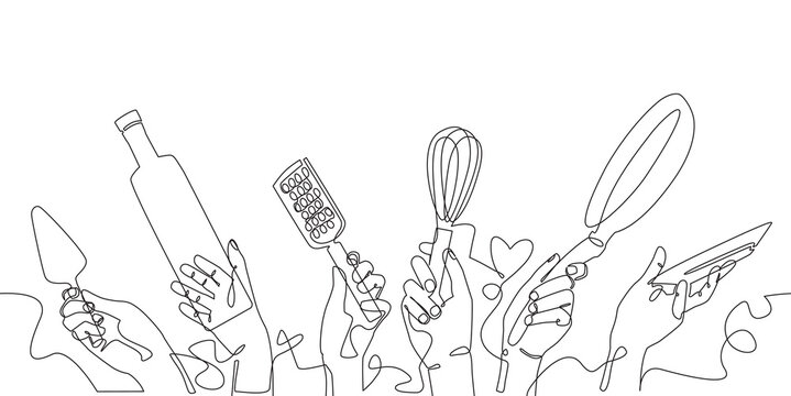 Cooking. Culinary border in continuous line drawing style. Isolated vector illustration with utensils.